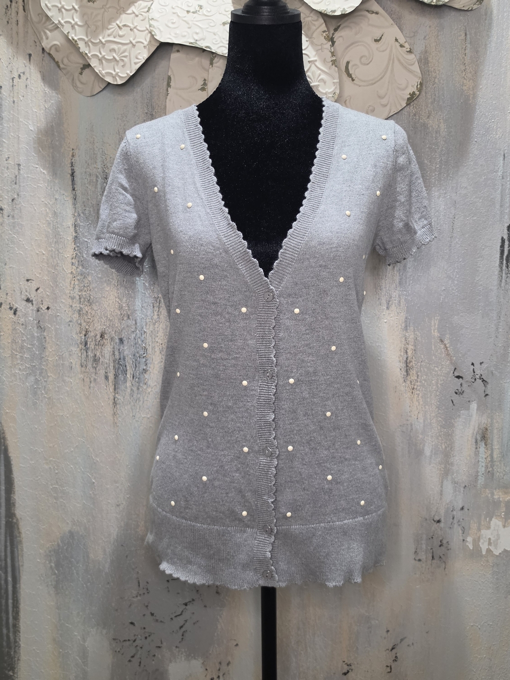 Elle Gray Pearl-like-Studded Short-Sleeve Knit Cardigan Size Small